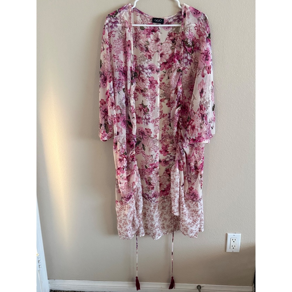 GIGIO USA Women‎ Pink Floral Kimono Duster Open Front Tassel Tie Long Cardigan